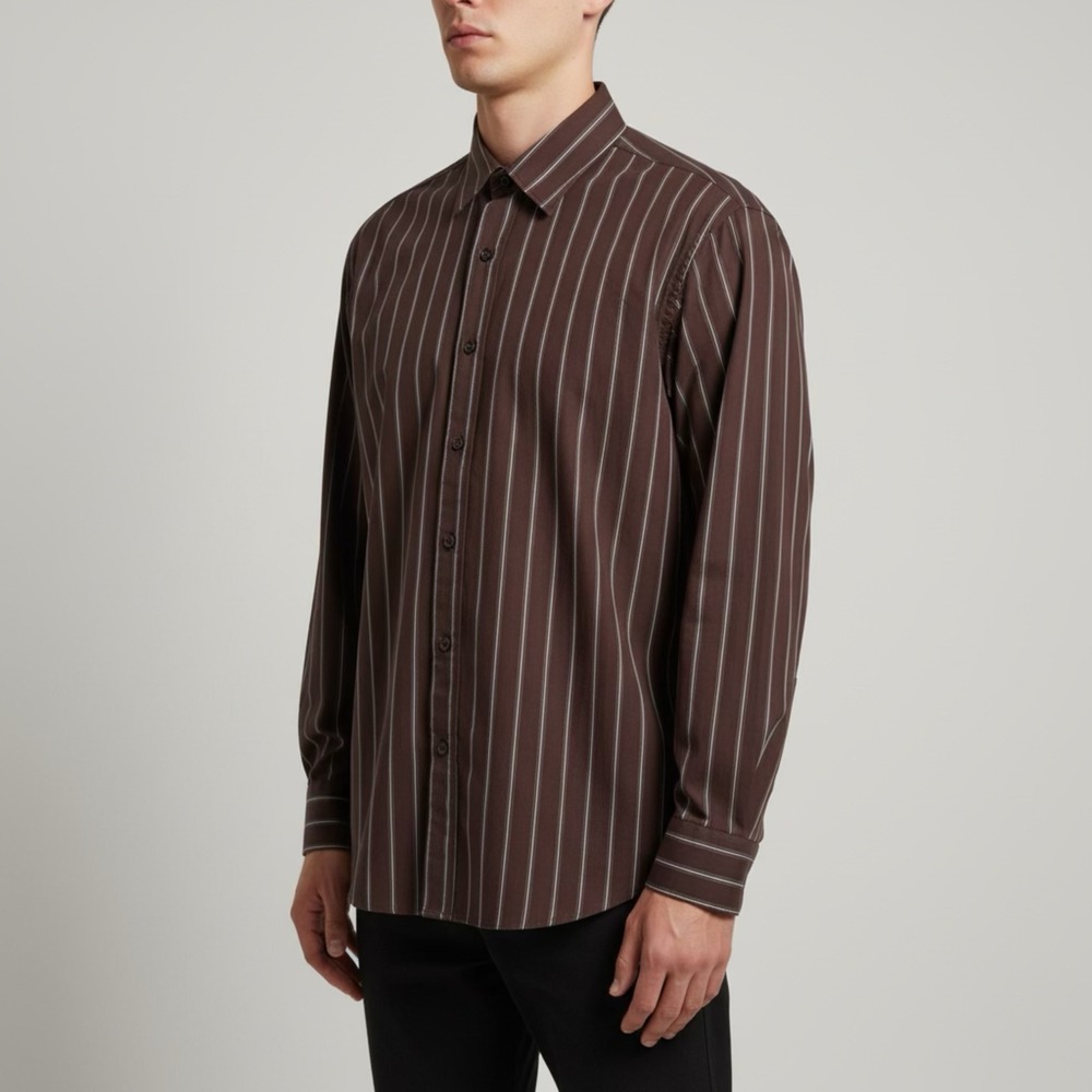 Heritage 1981 Mens Brown Vertical Striped Cotton Button Down Shirt XL RN73023